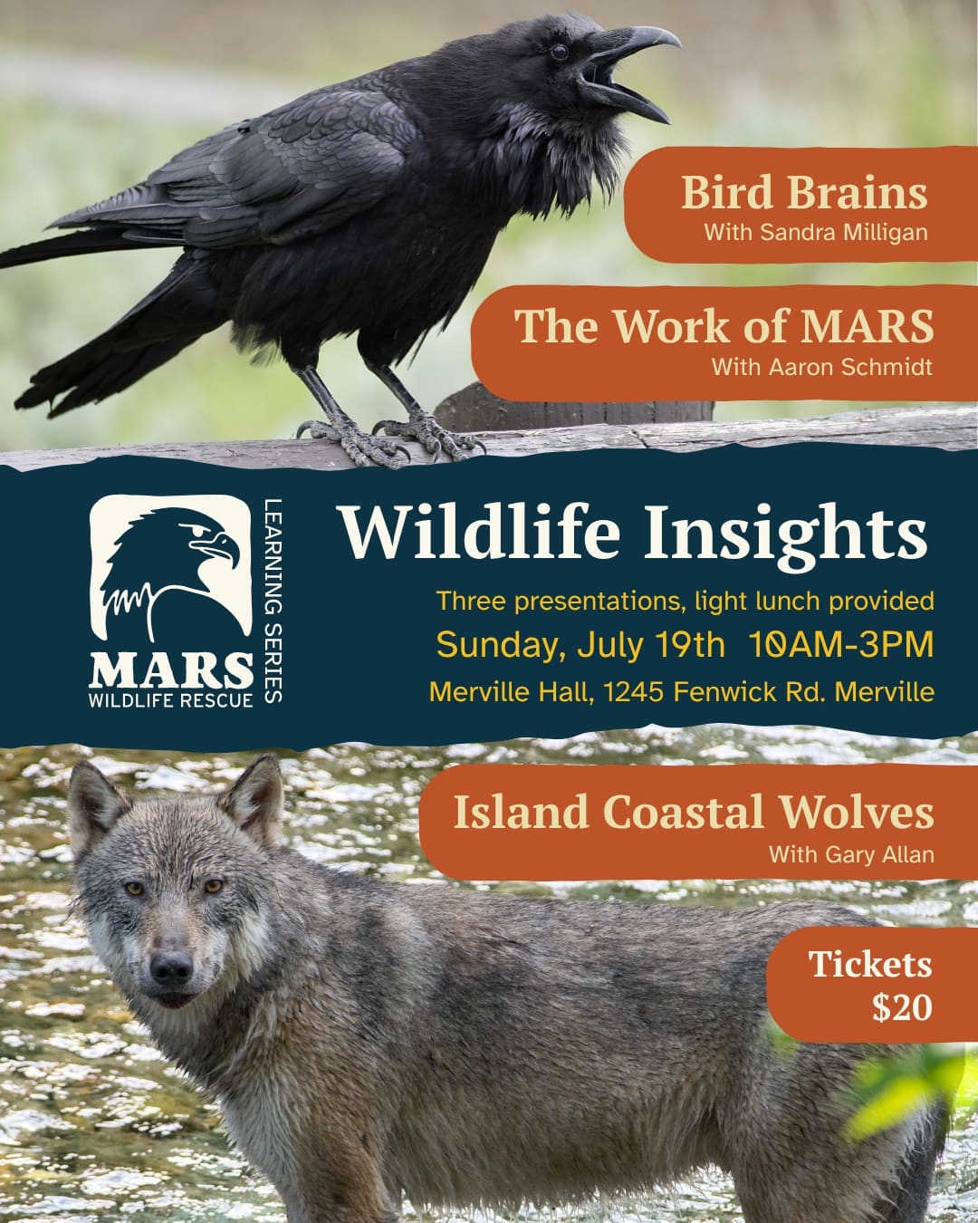 Poster with attendee details for presentations about bird brains, coastal wolves and the work of MARS
